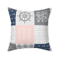 Nautical Patchwork (soft pink and navy)- Mightier than the waves -  Wave wholecloth - nautical nursery fabric (90) LAD19