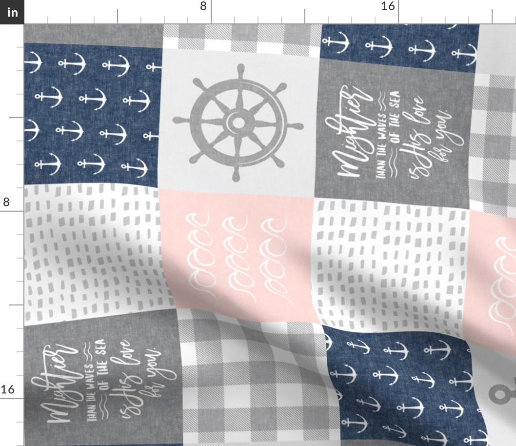 Nautical Patchwork (soft pink and navy)- Mightier than the waves -  Wave wholecloth - nautical nursery fabric (90) LAD19