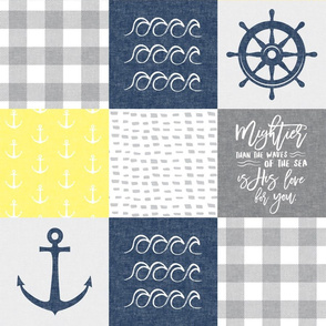 Nautical Patchwork (yellow & navy blue)- Mightier than the waves - Wave wholecloth - nautical nursery fabric LAD19