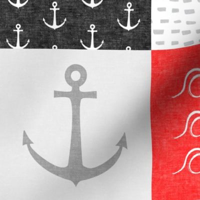 Nautical Patchwork (red and black) - Mightier than the waves - Wave wholecloth - nautical nursery fabric LAD19