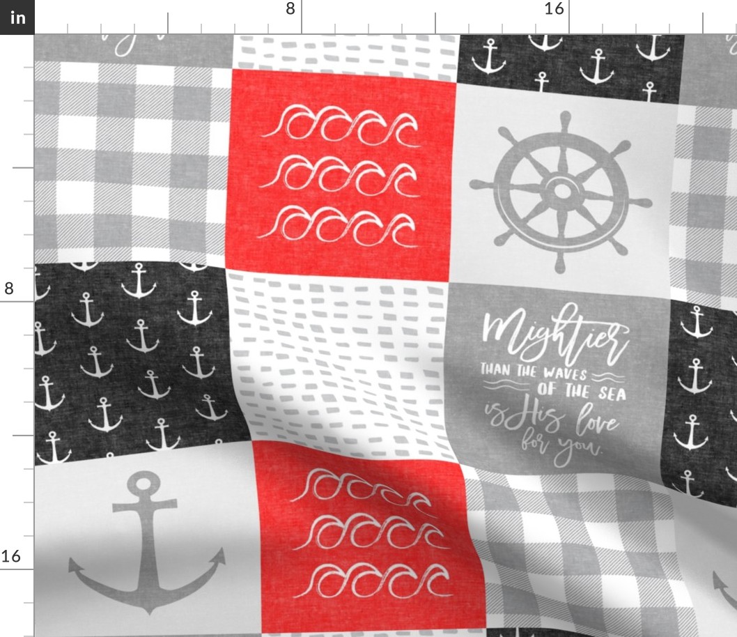 Nautical Patchwork (red and black) - Mightier than the waves - Wave wholecloth - nautical nursery fabric LAD19