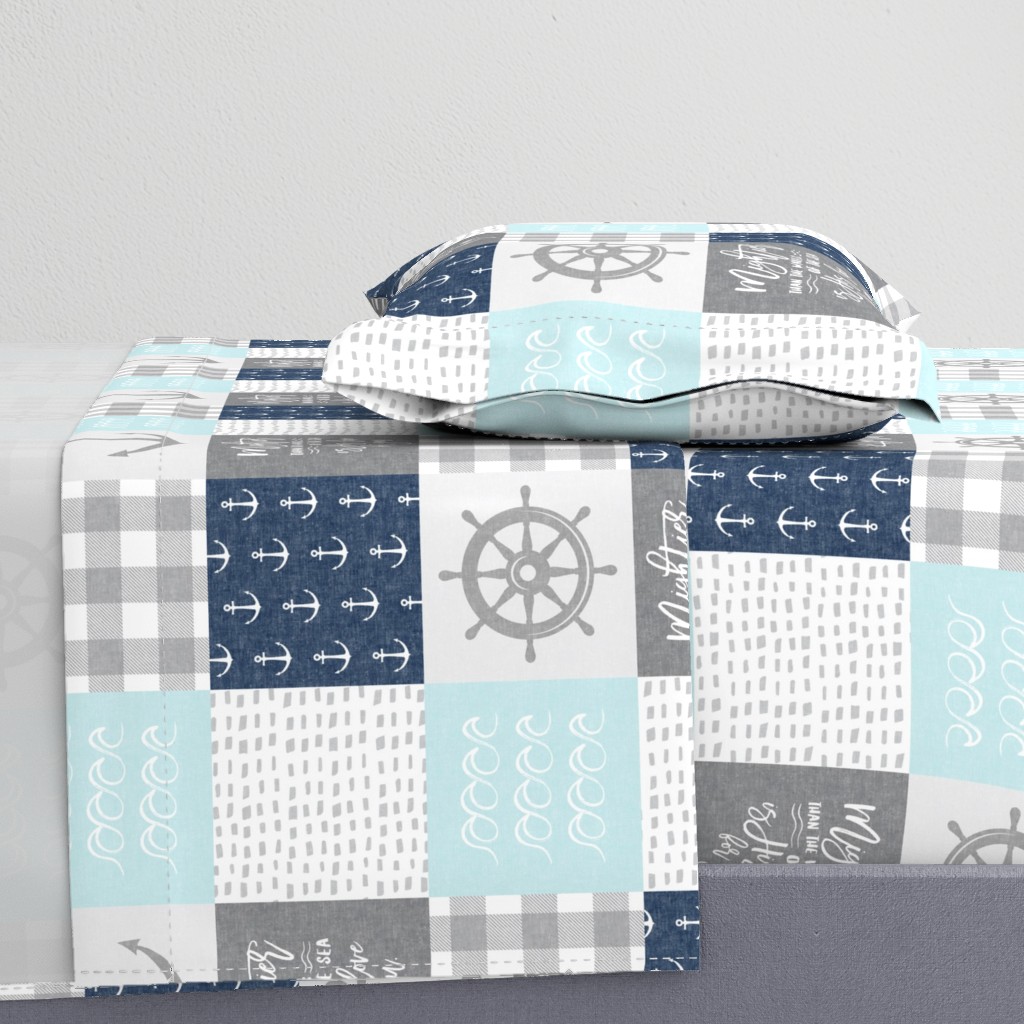 Nautical Patchwork (baby blue and navy) - Mightier than the waves - Wave wholecloth - nautical nursery fabric  LAD19