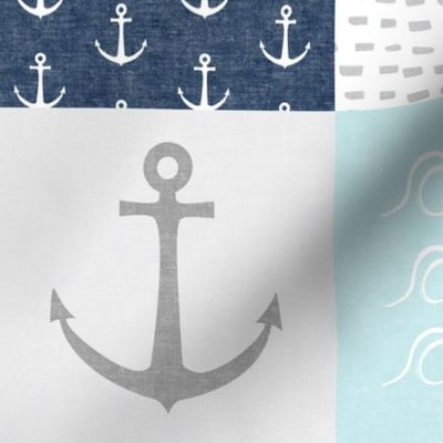 Nautical Patchwork (baby blue and navy) - Mightier than the waves - Wave wholecloth - nautical nursery fabric  LAD19