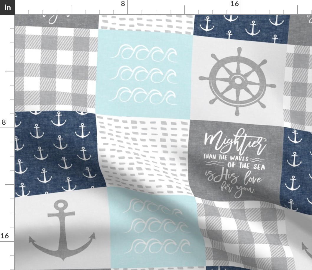 Nautical Patchwork (baby blue and navy) - Mightier than the waves - Wave wholecloth - nautical nursery fabric  LAD19