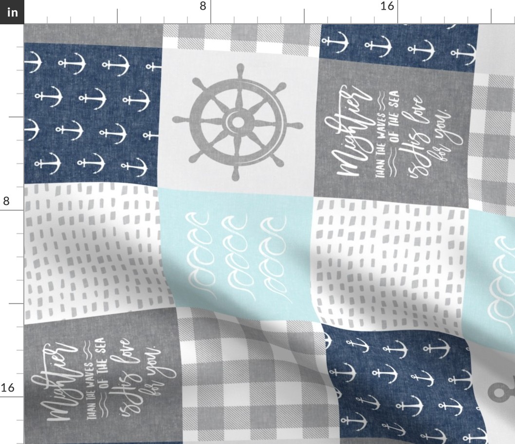 Nautical Patchwork (baby blue and navy) - Mightier than the waves - Wave wholecloth - nautical nursery fabric (90) LAD19