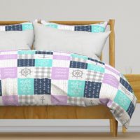 Nautical Patchwork (purple, teal, navy) - Mightier than the waves - Wave wholecloth - nautical nursery fabric  LAD19