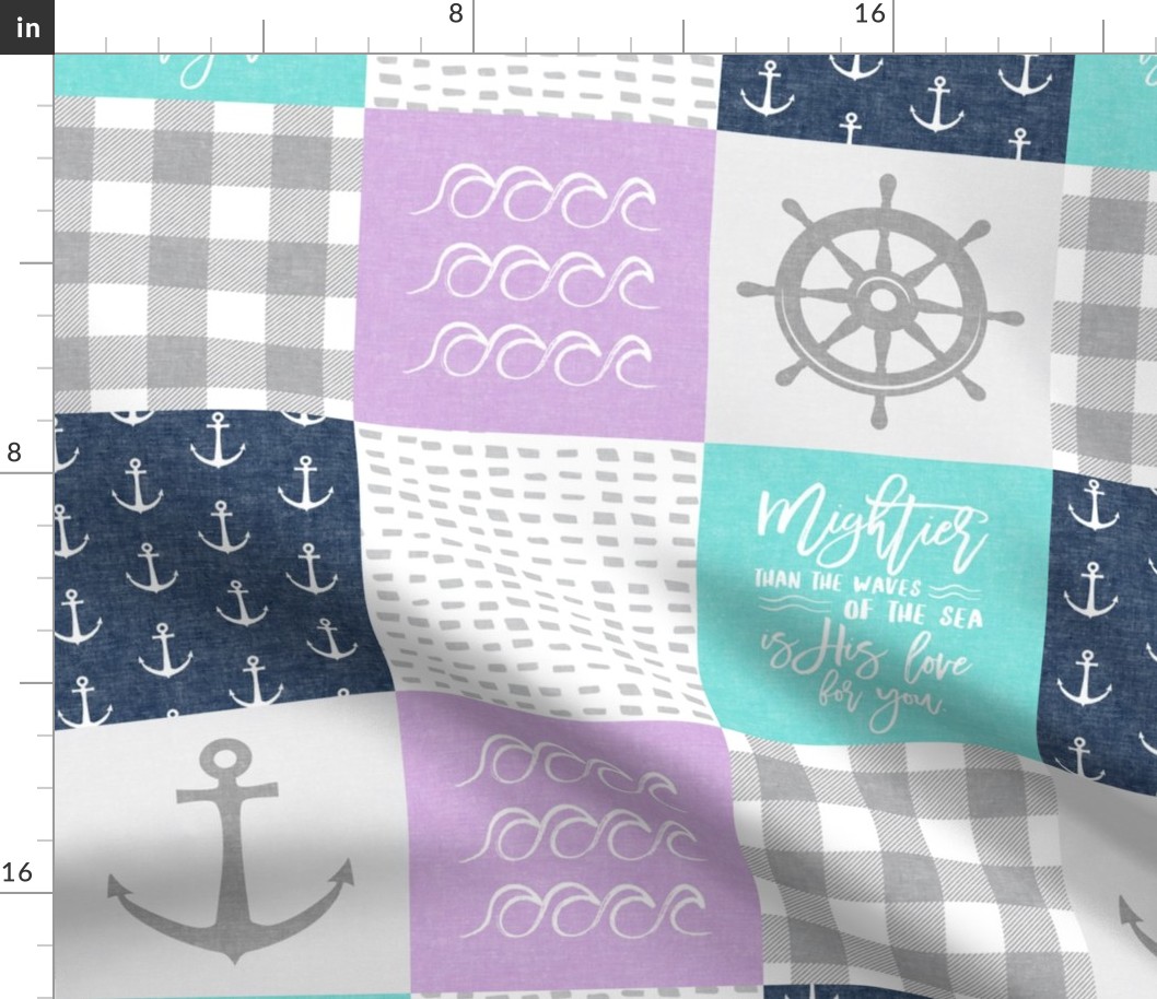 Nautical Patchwork (purple, teal, navy) - Mightier than the waves - Wave wholecloth - nautical nursery fabric  LAD19