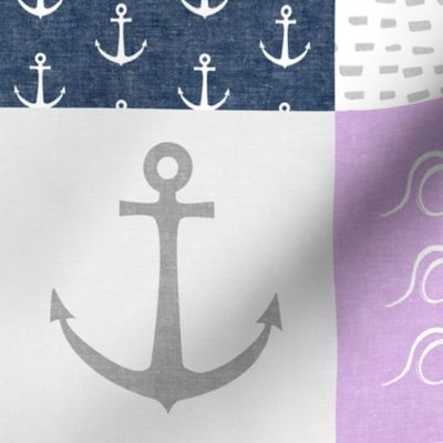 Nautical Patchwork (purple & navy) - Mightier than the waves - Wave wholecloth - nautical nursery fabric LAD19