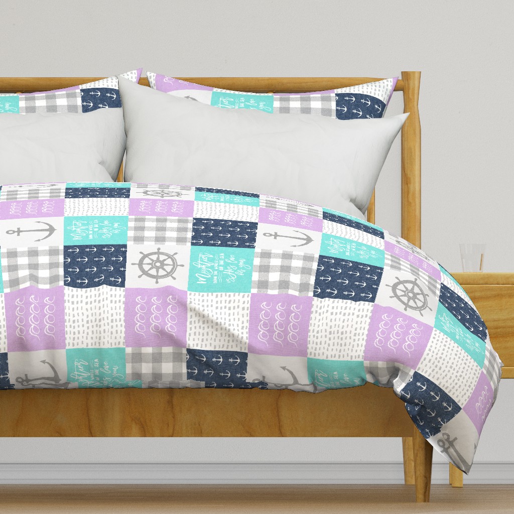 Nautical Patchwork (purple, teal, navy) - Mightier than the waves - Wave wholecloth - nautical nursery fabric (90) LAD19