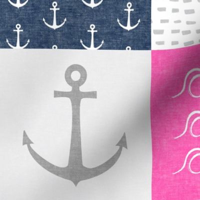Nautical Patchwork (pink & navy) - Mightier than the waves - Wave wholecloth - nautical nursery fabric  LAD19