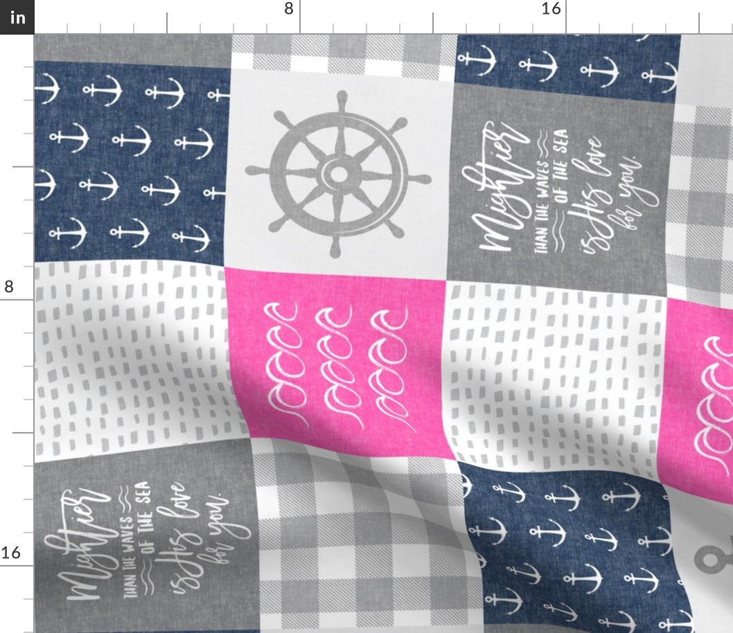 Nautical Patchwork (pink & navy) - Mightier than the waves - Wave wholecloth - nautical nursery fabric (90) LAD19