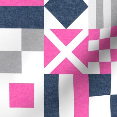 (3" small scale) Nautical Flags Patchwork - Wholecloth - Pink & Navy - Maritime flags - LAD19 