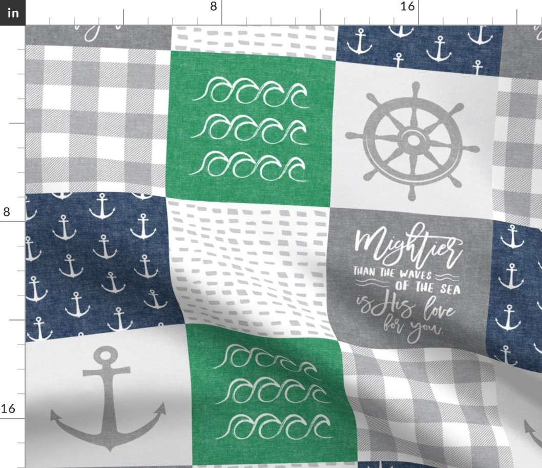 Nautical Patchwork (green & navy) - Mightier than the waves - Wave wholecloth - nautical nursery fabric LAD19