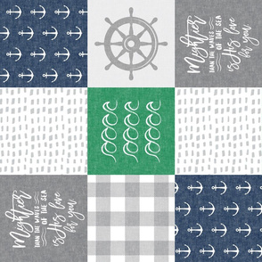 Nautical Patchwork (green & navy) - Mightier than the waves - Wave wholecloth - nautical nursery fabric (90) LAD19