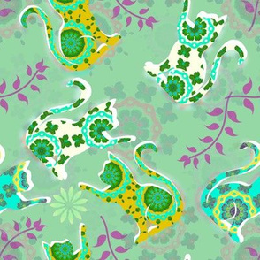 Deconstructed Paisley Cats Green Dream