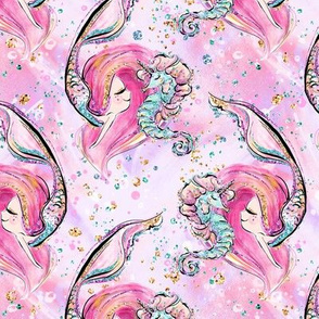 Mermaid pink hair scales seahorse glitter ocean beach