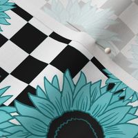 90s sunflowers fabric - checkerboard fabric, sunflower fabric, 90s fabric -aqua