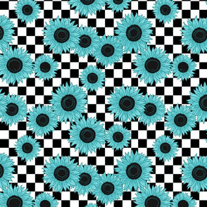 90s sunflowers fabric - checkerboard fabric, sunflower fabric, 90s fabric -aqua