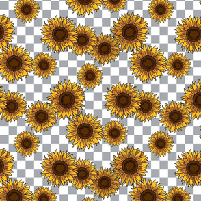 90s sunflowers fabric - checkerboard fabric, sunflower fabric, 90s fabric - grey