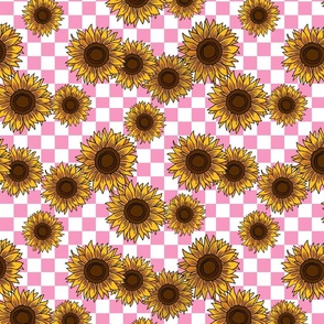 90s sunflowers fabric - checkerboard fabric, sunflower fabric, 90s fabric - light pink