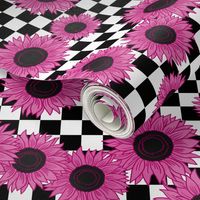 90s sunflowers fabric - checkerboard fabric, sunflower fabric, 90s fabric - pink