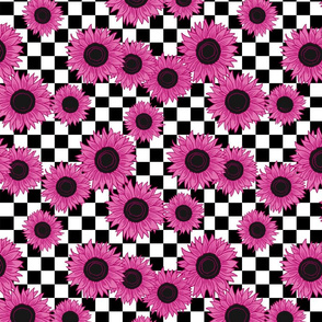 90s sunflowers fabric - checkerboard fabric, sunflower fabric, 90s fabric - pink