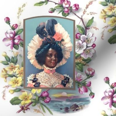 2 young black woman lady african descent POC people of color WOC pink victorian bonnets beautiful lady 19th century flowers floral roses feathers bow white yellow cherry blossoms leaves leaf sakura sea ocean sunset sunrise dawn dusk border bows chokers st