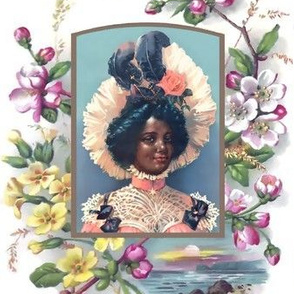 2 young black woman lady african descent POC people of color WOC pink victorian bonnets beautiful lady 19th century flowers floral roses feathers bow white yellow cherry blossoms leaves leaf sakura sea ocean sunset sunrise dawn dusk border bows chokers st