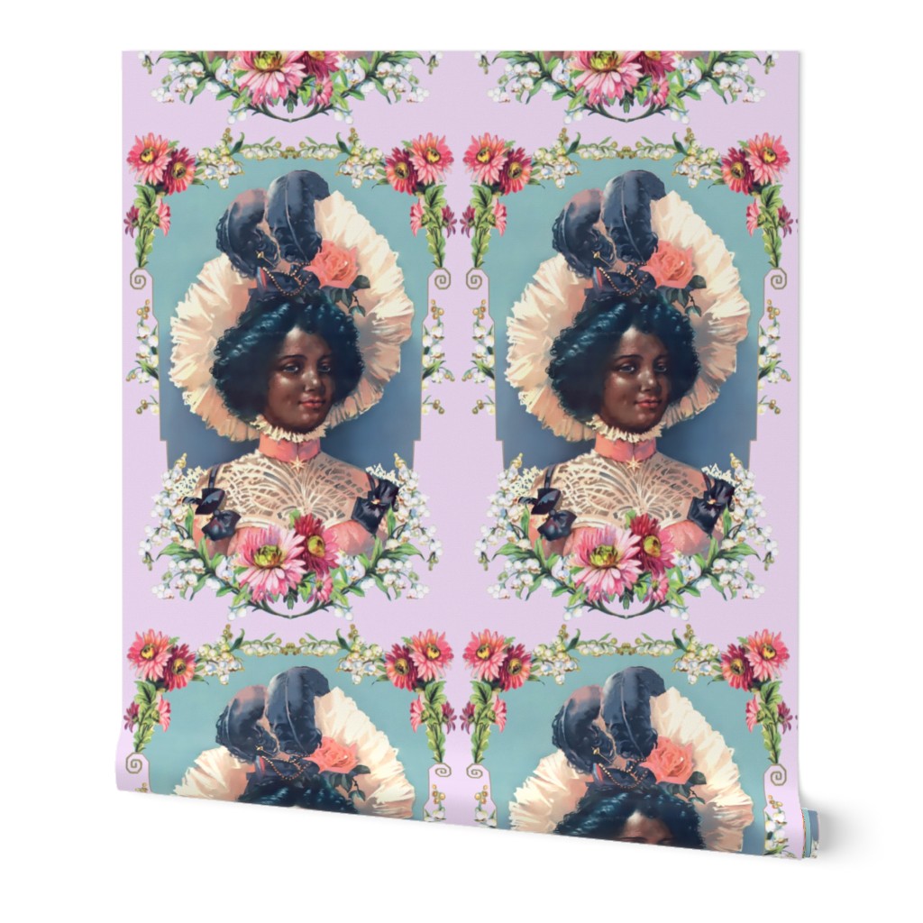 4 young black woman lady african descent POC people of color WOC pink victorian bonnets beautiful lady 19th century flowers floral roses feathers bow frame leaves leaf red pink white purple border daisy daisies bows chokers star coral peach lace blue grey