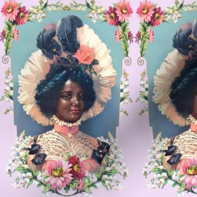 4 young black woman lady african descent POC people of color WOC pink victorian bonnets beautiful lady 19th century flowers floral roses feathers bow frame leaves leaf red pink white purple border daisy daisies bows chokers star coral peach lace blue grey