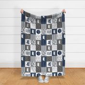 Bear Patchwork fabric - happy camper - navy and grey with navy wood grain(90)