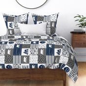 Bear Patchwork fabric - happy camper - navy and grey with navy wood grain(90)