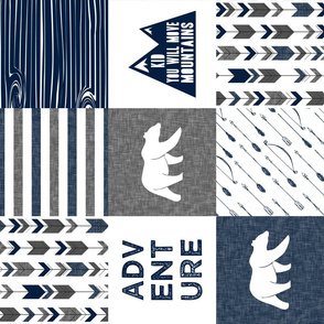 Bear Patchwork fabric - happy camper - navy and grey with navy wood grain(90)