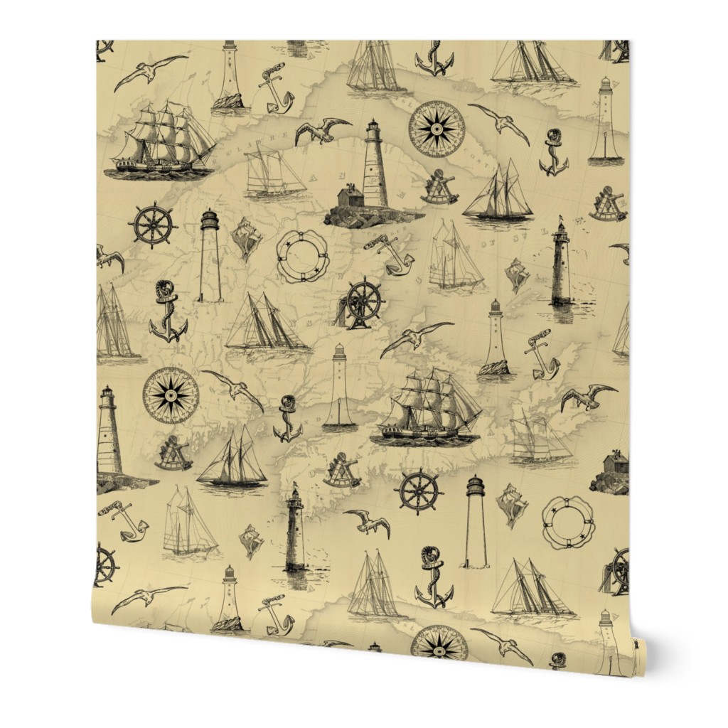 Vintage Nautical Pattern With Old Map Black and Tan 