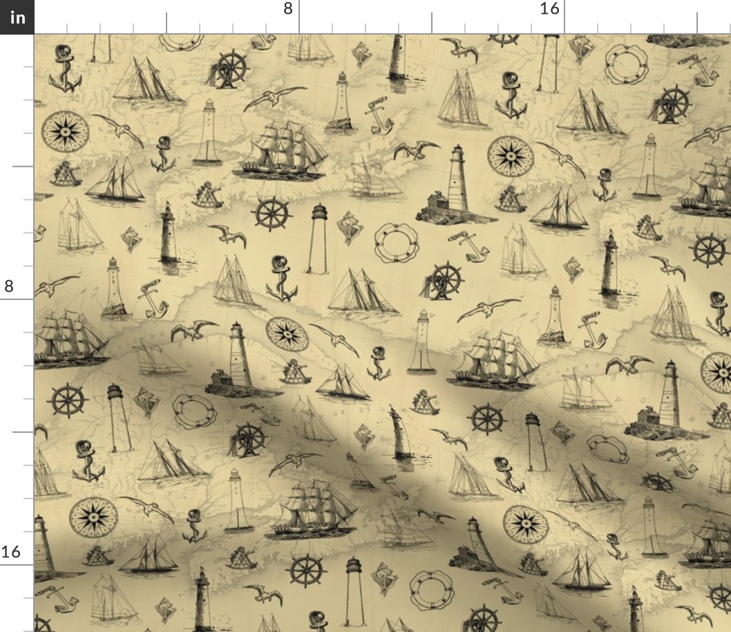 Vintage Nautical Pattern With Old Map Black and Tan 