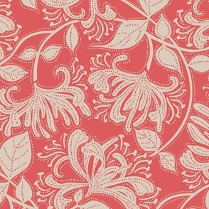 honeysuckle floral stipple - tapioca cream on spiced coral red