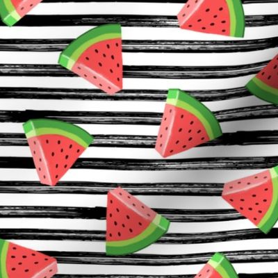 watermelons (red on black stripes)- summer fruit fabric - LAD19