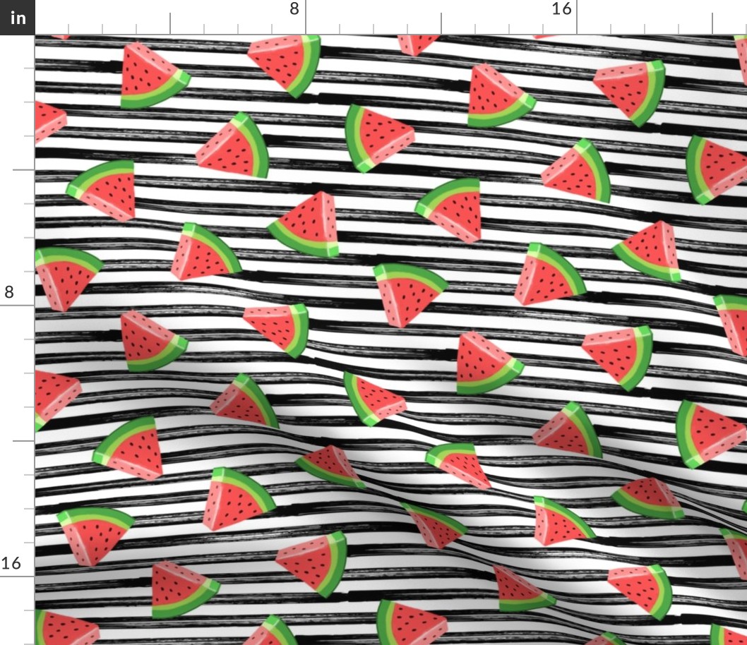 watermelons (red on black stripes)- summer fruit fabric - LAD19