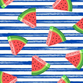 watermelons (red on blue stripes) - summer fruit fabric - LAD19