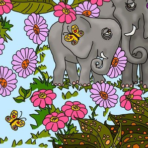 Elephants Jungle Print on Pale Blue