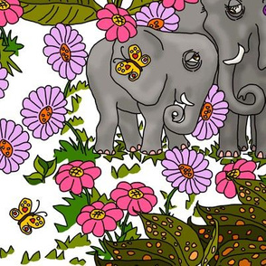 Elephants Jungle Print on White