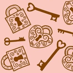 Unlock my Heart / vintage locks and keys / brown on pink   