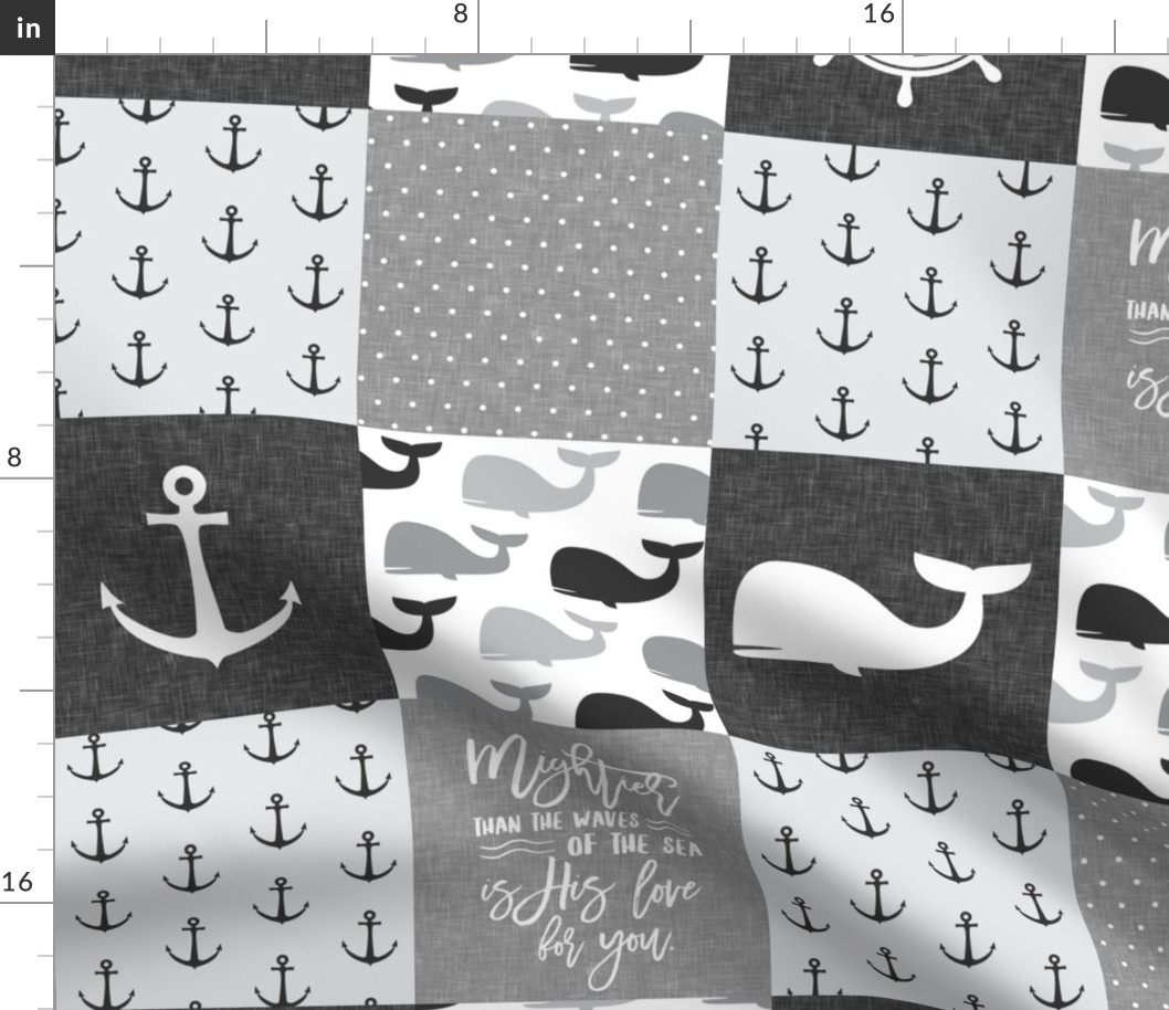 Nautical Patchwork - Mightier than the waves in the sea - Sailboat, Anchor, Wheel, Whale - Monochrome  LAD19