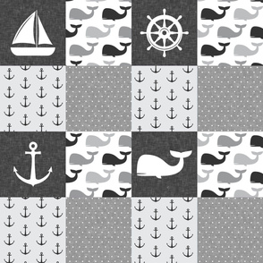 Nautical Patchwork - Sailboat, Anchor, Wheel, Whale - Monochrome  LAD19