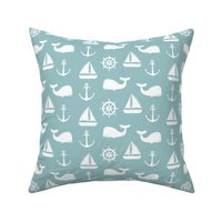 nautical on dusty blue - whale, sailboat, anchor, wheel LAD19