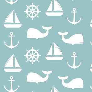 nautical on dusty blue - whale, sailboat, anchor, wheel LAD19