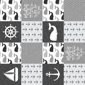 Nautical Patchwork - Mightier than the waves in the sea - Sailboat, Anchor, Wheel, Whale - Monochrome (90) LAD19