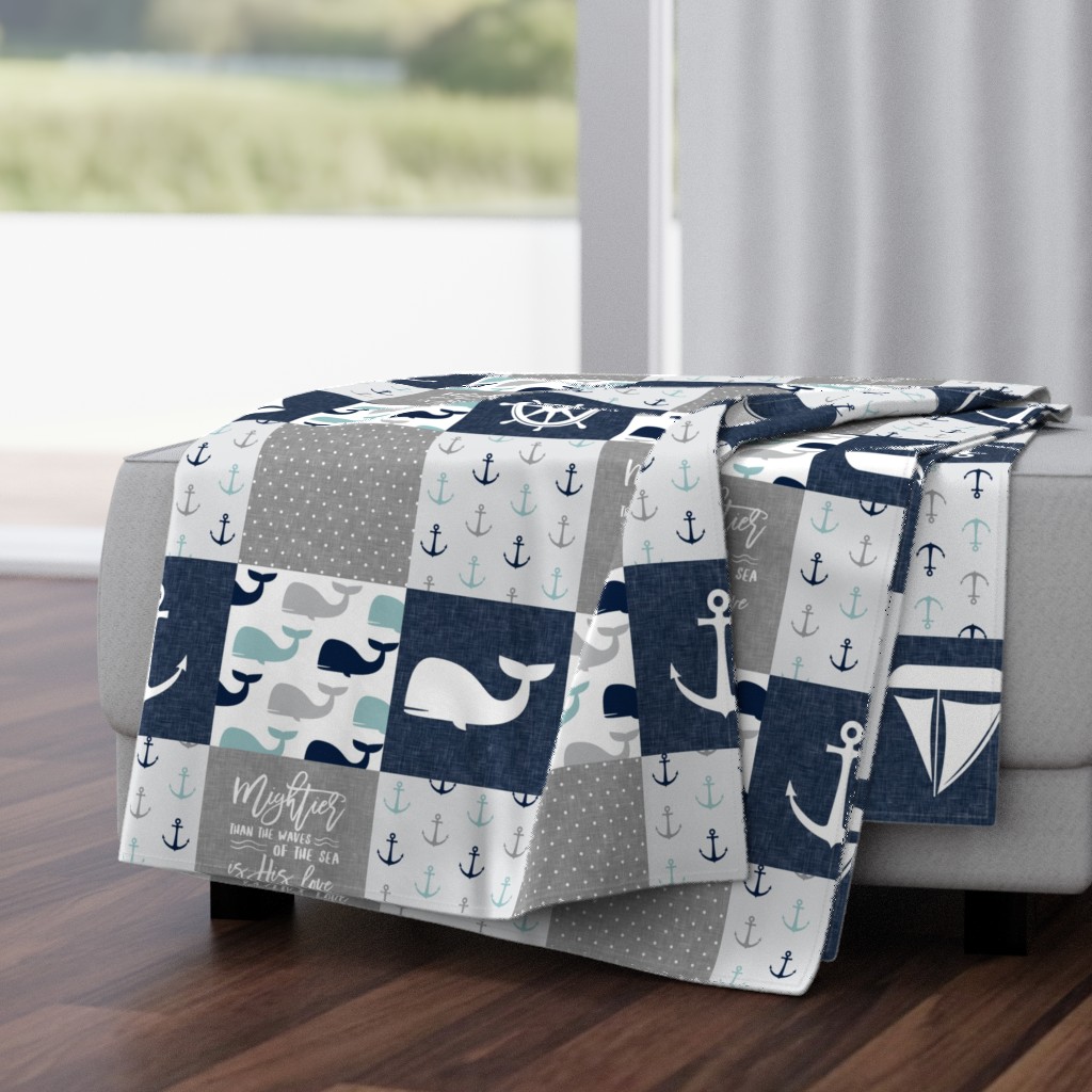 Nautical Patchwork - Mightier than the waves in the sea - Sailboat, Anchor, Wheel, Whale - Navy, dusty blue,  and Grey LAD19
