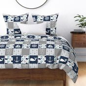 Nautical Patchwork - Mightier than the waves in the sea - Sailboat, Anchor, Wheel, Whale - Navy, dusty blue,  and Grey LAD19