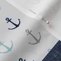 Nautical Patchwork - Mightier than the waves in the sea - Sailboat, Anchor, Wheel, Whale - Navy, dusty blue,  and Grey LAD19